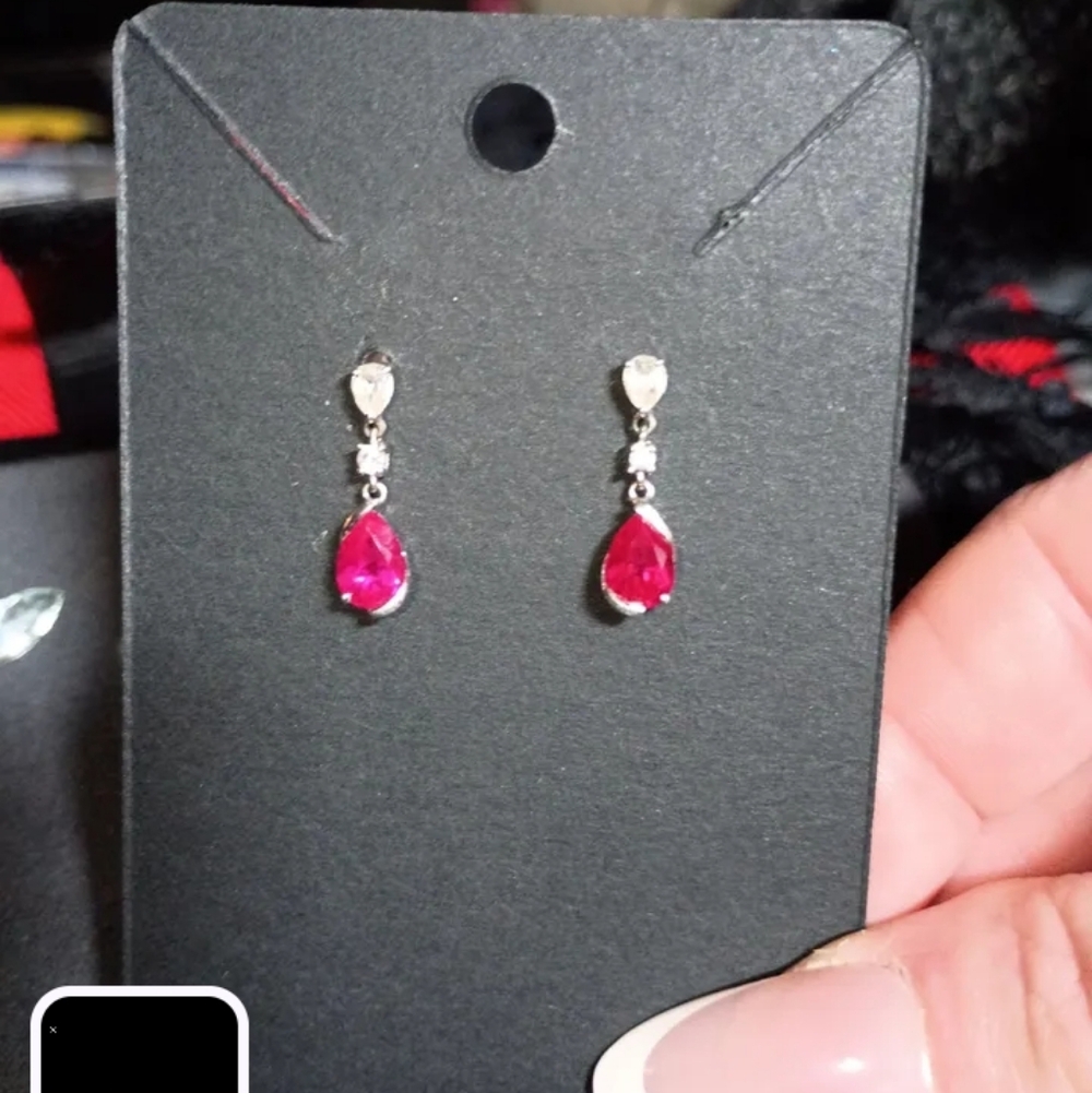 Authentic Genuine Ruby & Diamond Drop Earrings w/ Certificate 14K Gold - Picture 3 of 16